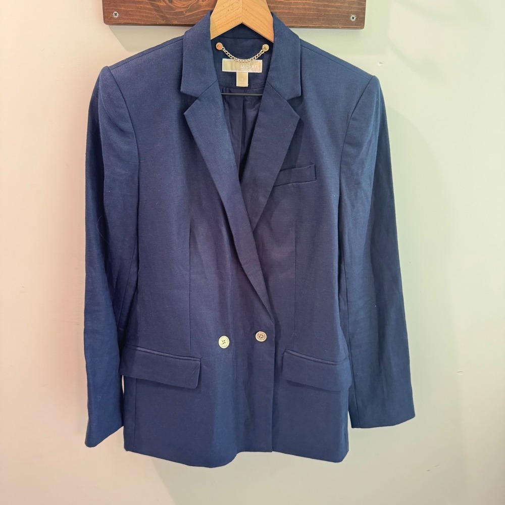 Michael Kors Womens Navy Blue 100% Linen Double Breasted Blazer Jacket Size 8